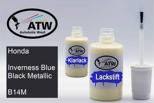 Honda, Inverness Blue Black Metallic, B14M: 20ml Lackstift + 20ml Klarlack - Set, von ATW Autoteile West.